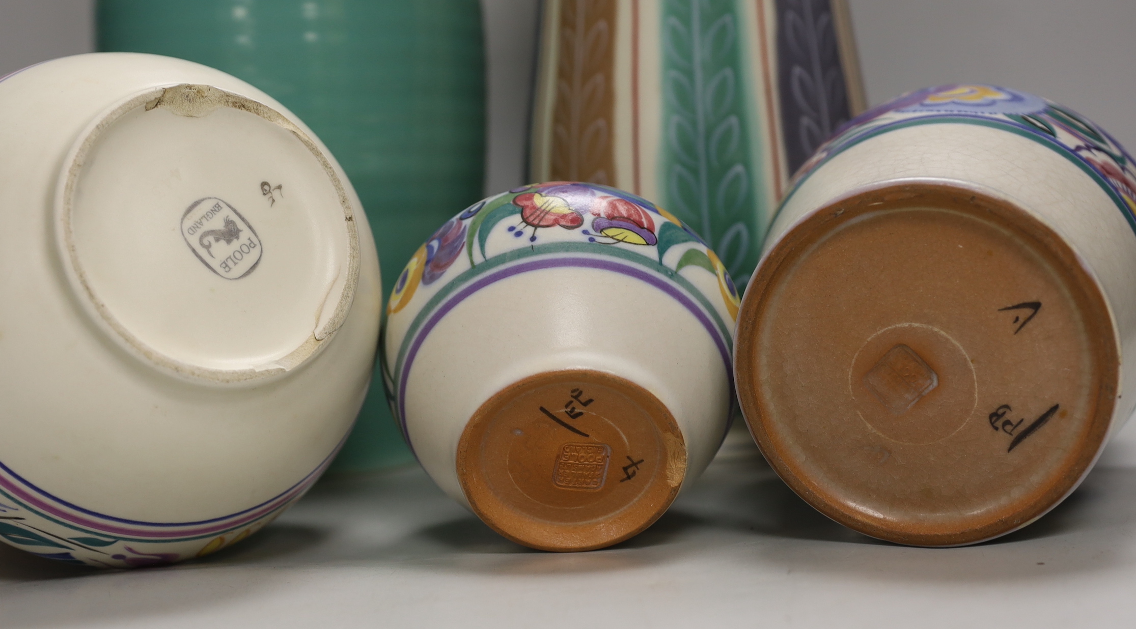 Five various Poole pottery vases, largest 32cm
